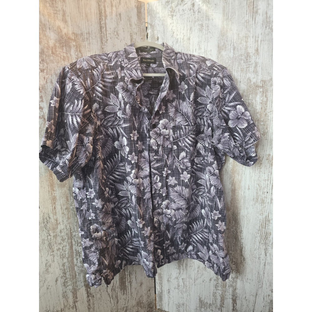 Marc Edwards Shirt Mens XL Gray Scale Tropical Short Sleeve Button Up Cotton
